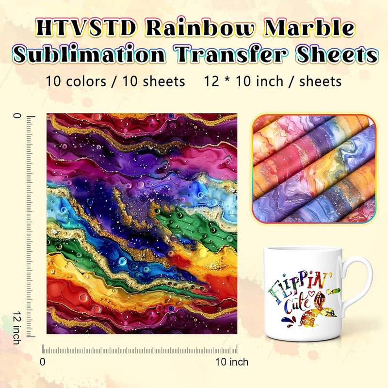 HTVSTD Rainbow Marble Sublimation Ink Transfer Sheets-10pcs 12x10 Inches Sublimation Paper for Tumblers T-Shirts Mugs DIY Sublimation Transfer Sheets - Image 3